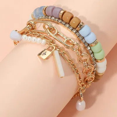 Fashnzfab 3pcs - Pearl Lock Charm Metal Chain Link Beaded Bracelets In Multi