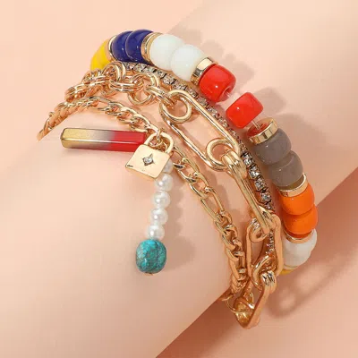 Fashnzfab 3pcs - Pearl Lock Charm Metal Chain Link Beaded Bracelets Multi