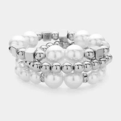 Fashnzfab 3pcs - Pearl Metal Ball Beaded Stretch Multi Layered Bracelets
