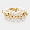 Fashnzfab 3pcs - Pearl Metal Ball Beaded Stretch Multi Layered Bracelets In Gold