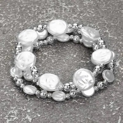 Fashnzfab 3pcs - Pearl Metal Ball Beaded Stretch Multi Layered Bracelets In Silver