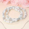 Fashnzfab 3pcs - Pearl Metal Ball Beaded Stretch Multi Layered Bracelets Silver, White In Multi