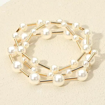Fashnzfab 3pcs - Pearl Metal Bar Beaded Stretch Multi Layered Bracelets