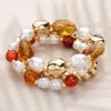 Fashnzfab 3pcs - Pearl Metal Glass Beaded Stretch Multi Layered Bracelets Brown, Gold In Multi