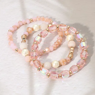 Fashnzfab 3pcs - Pearl Natural Stone Faceted Beaded Stretch Multi Layered Bracelets In Pink