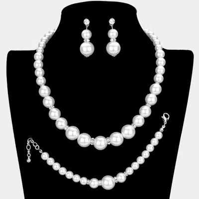 Fashnzfab 3pcs - Pearl Necklace Bracelet Set In White