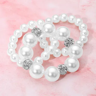 Fashnzfab 3pcs - Pearl Stone Ball Beaded Stretch Multi Layered Bracelets Rhodium, White