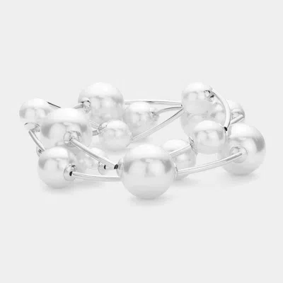 Fashnzfab 3pcs - Pearl Stretch Multi Layered Bracelets - Rhodium, White In Metallic