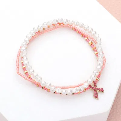 Fashnzfab 3pcs - Pink Ribbon Charm Pearl Beaded Stretch Bracelets
