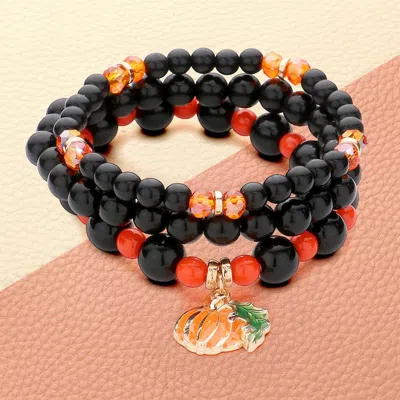 Fashnzfab 3pcs - Pumpkin Charm Beaded Stretch Bracelets In Multi