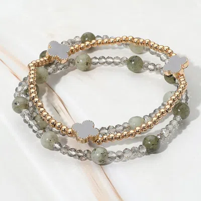 Fashnzfab 3pcs - Quatrefoil Natural Stone Beaded Stretch Multi Layered Bracelets Gold, Gray