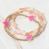 Fashnzfab 3pcs - Quatrefoil Natural Stone Beaded Stretch Multi Layered Bracelets Gold, Pink In Gold