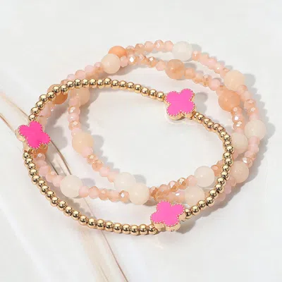 Fashnzfab 3pcs - Quatrefoil Natural Stone Beaded Stretch Multi Layered Bracelets Gold, Pink