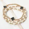 Fashnzfab 3pcs - Quatrefoil Pearl Beaded Stretch Multi Layered Bracelets Black, Cream In Multi