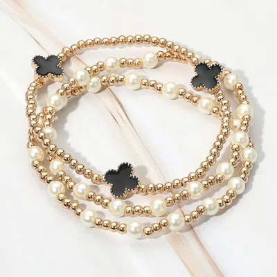 Fashnzfab 3pcs - Quatrefoil Pearl Beaded Stretch Multi Layered Bracelets Black, Cream