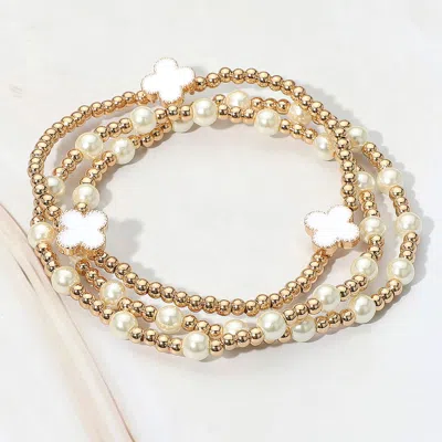Fashnzfab 3pcs - Quatrefoil Pearl Beaded Stretch Multi Layered Bracelets Cream, White