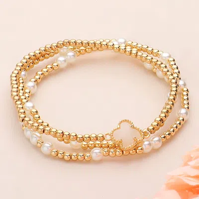 Fashnzfab 3pcs - Quatrefoil Pointed Pearl Metal Ball Beaded Stretch Multi Layered Bracelets Cream, White