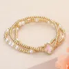 Fashnzfab 3pcs - Quatrefoil Pointed Pearl Metal Ball Beaded Stretch Multi Layered Bracelets In Gold