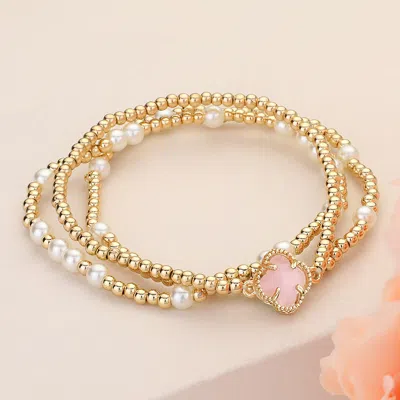 Fashnzfab 3pcs - Quatrefoil Pointed Pearl Metal Ball Beaded Stretch Multi Layered Bracelets In Gold
