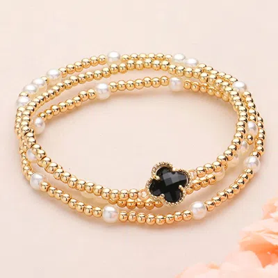 Fashnzfab 3pcs - Quatrefoil Pointed Pearl Metal Ball Beaded Stretch Multi Layered Bracelets In Gold