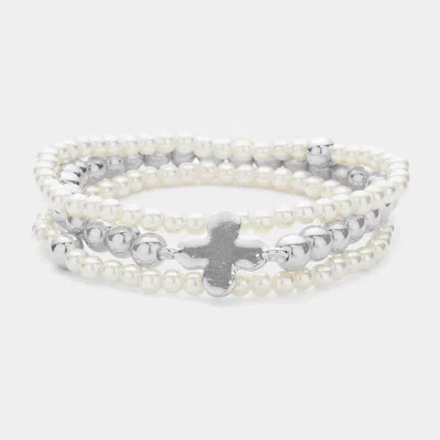 Fashnzfab 3pcs - Quatrefoil Pointed Pearl Stretch Multi Layered Bracelets