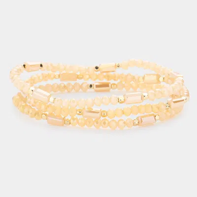 Fashnzfab 3pcs - Rectangle Pointed Faceted Beaded Stretch Bracelets In Sand