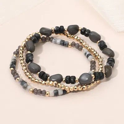 Fashnzfab 3pcs - Resin Pebble Metal Ball Beaded Stretch Multi Layered Bracelets - Black, Gold