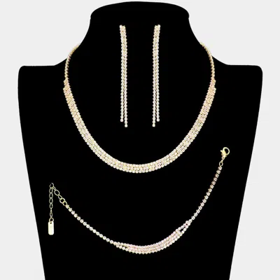 Fashnzfab 3pcs - Rhinestone Crystal Fringe Necklace Jewelry Set In Gold