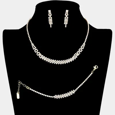 Fashnzfab 3pcs - Rhinestone Crystal Pave Necklace Jewelry Set In Gold