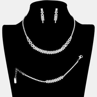 Fashnzfab 3pcs - Rhinestone Crystal Pave Necklace Jewelry Set In Silver