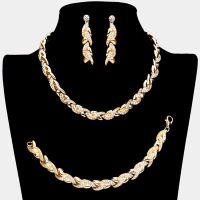 Fashnzfab 3pcs - Rhinestone Embellished Braided Necklace Jewelry Set In Gold