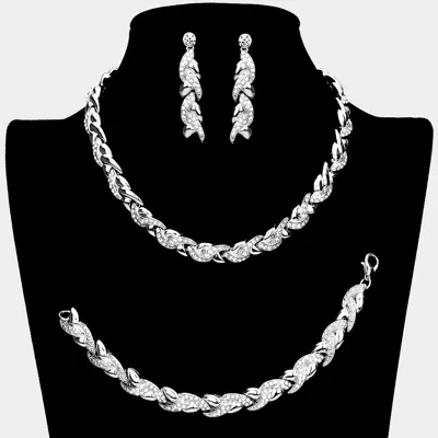 Fashnzfab 3pcs - Rhinestone Embellished Braided Necklace Jewelry Set In Silver
