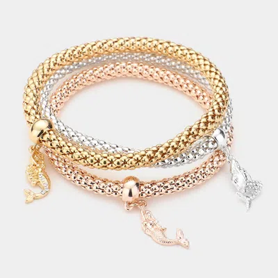 Fashnzfab 3pcs - Rhinestone Embellished Metal Mermaid Charm Stretch Bracelets In Multi