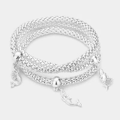 Fashnzfab 3pcs - Rhinestone Embellished Metal Mermaid Charm Stretch Bracelets In Silver