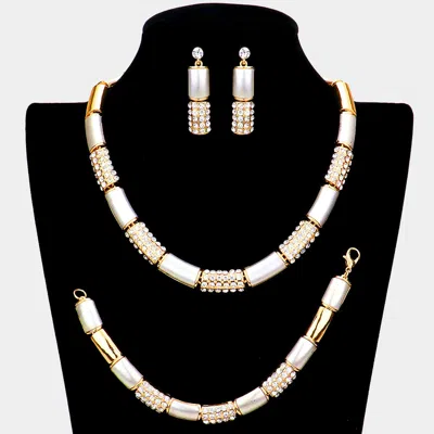 Fashnzfab 3pcs - Rhinestone Embellished Metal Rectangle Link Necklace Jewelry Set In Multi