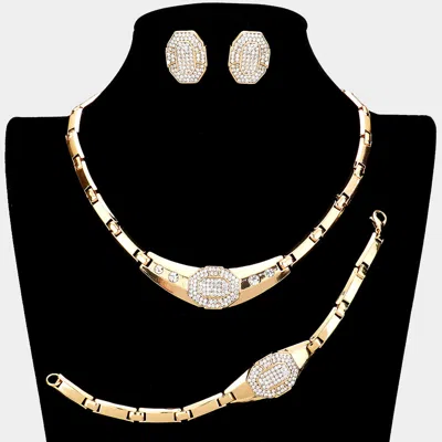Fashnzfab 3pcs - Rhinestone Embellished Necklace Jewelry Set In Gold