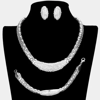 Fashnzfab 3pcs - Rhinestone Embellished Necklace Jewelry Set In Silver