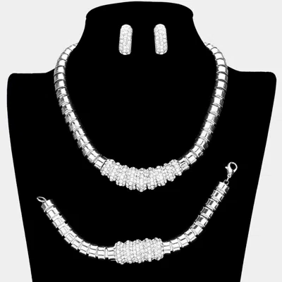 Fashnzfab 3pcs - Rhinestone Embellished Necklace Jewelry Set In Silver