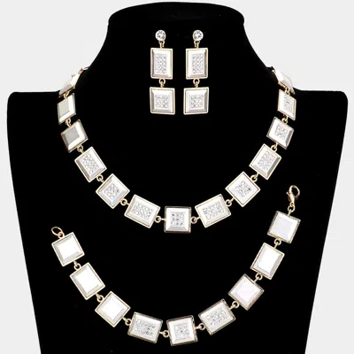 Fashnzfab 3pcs - Rhinestone Embellished Square Rectangle Link Necklace Jewelry Set In Silver