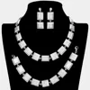 Fashnzfab 3pcs - Rhinestone Embellished Square Rectangle Link Necklace Jewelry Set In Silver