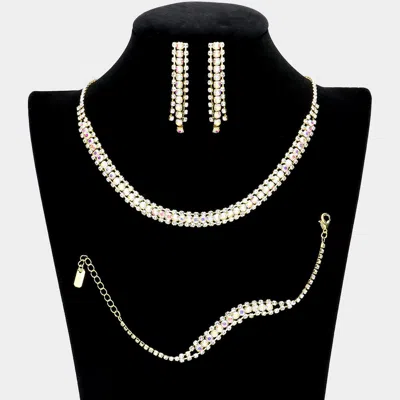 Fashnzfab 3pcs - Rhinestone Necklace Jewelry Set In Gold
