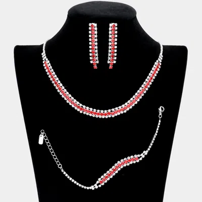 Fashnzfab 3pcs - Rhinestone Necklace Jewelry Set In Red