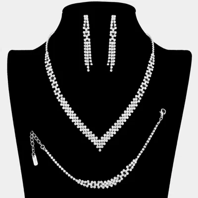 Fashnzfab 3pcs - Rhinestone Pave Dangle V Shaped Necklace Set In Metallic