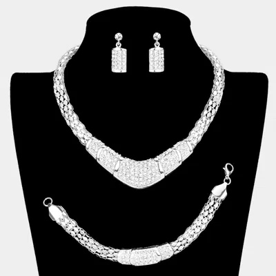 Fashnzfab 3pcs - Rhinestone Pave Metal Chain Necklace Set In White