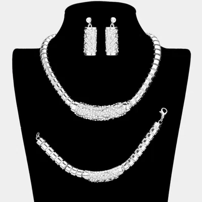 Fashnzfab 3pcs - Rhinestone Pave Metal Necklace Jewelry Set In Metallic