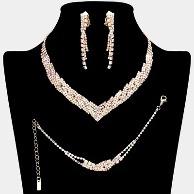 Fashnzfab 3pcs - Rhinestone Pave Necklace Clip On Earring Jewelry Set In Multi