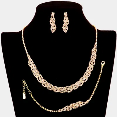 Fashnzfab 3pcs - Rhinestone Pave Necklace Jewelry Set In Gold