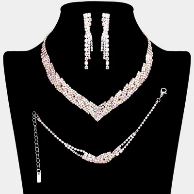 Fashnzfab 3pcs - Rhinestone Pave Necklace Jewelry Set In Multi
