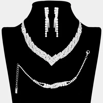 Fashnzfab 3pcs - Rhinestone Pave Necklace Jewelry Set In Silver