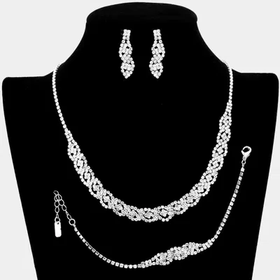 Fashnzfab 3pcs - Rhinestone Pave Necklace Jewelry Set In Silver